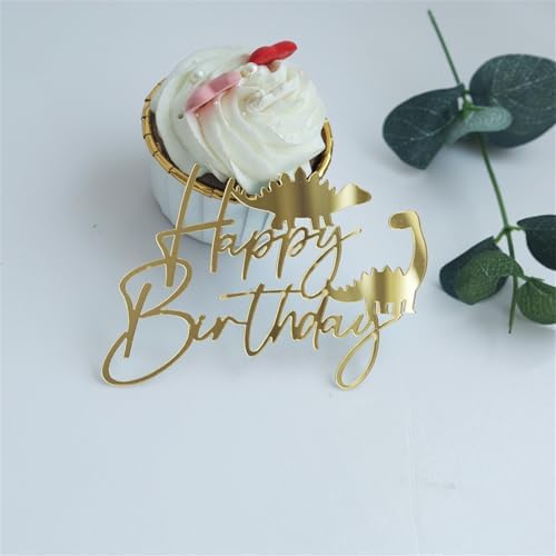 Acrylic Happy Birthday Cake Toppers Golden Dinosaur Sign Cake Toppers for Boys and Girls Baby Shower Kids Birthday Party Cake Decor Supplies