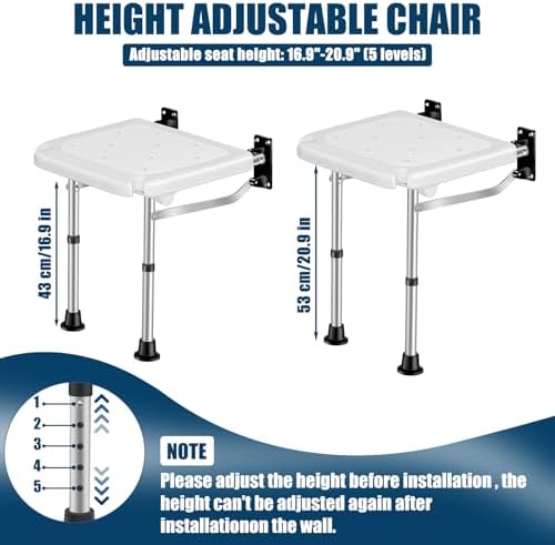 Wall Mounted Folding Shower Seat, Height Adjustable Bathroom Safety Stool, 400 LBS Heavy Duty Support, Foldable Shower Bench for Elderly, Disabled, Adults & Pregnant Women