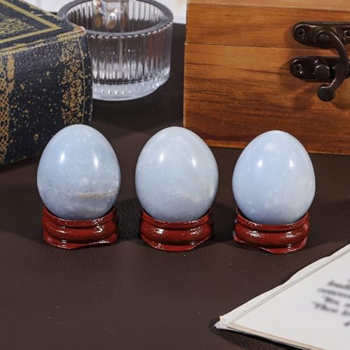 Polished Blue Celestite Crystal Egg with Wooden Stand, 30-39 mm Natural Celestite Stone Egg Figurine for Meditation Home Decoration