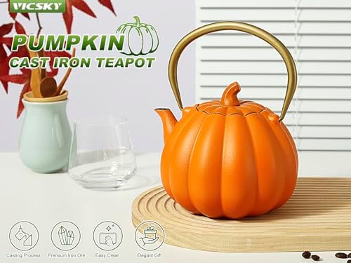 VICSKY Orange Pumpkin Cast Iron Teapot - Japanese Tetsubin Tea Kettle Stovetop Safe | Enameled Interior & Extended Infuser for Loose Leaf and Tea Bags | Cute Creative Halloween (40oz/1200ml)