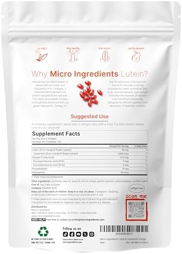 Micro Ingredients Lutein & Zeaxanthin 40mg Softgels, 240 Count, with Astaxanthin, Omega-3s, & Phospholipids | Eye + Vision Health Vitamins | Third Party Tested, Non-GMO, Gluten Free