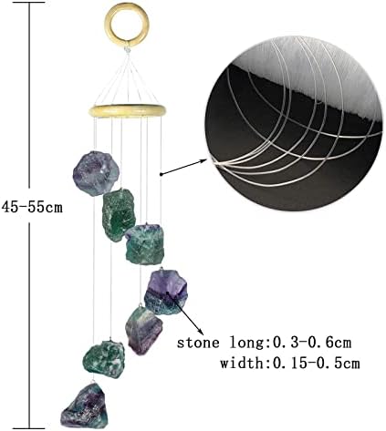 Fluorite Raw Stone Wind Chime with Wooden Hanging Circle Boho Patio Home Garden Windows Wall Ornament