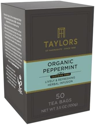 Taylors of Harrogate Organic Peppermint, Herbal Tea, Pillow Tea Bags, 50 Count (Pack of 1), Clean, Pure and Refreshing, Caffeine-Free, Enjoy Hot or Iced, 50 Teabags