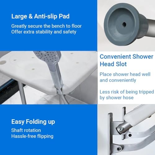 Folding Shower Seat Wall Mounted, Wall-Mounted Barrier-Free Folding Stool for Bath, Fold-Up Seat Chair for Elderly, Fold Down Shower Bench for Elderly,Disabled,Pregnants,with handrail