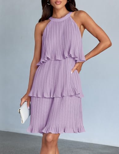 ZESICA Women's 2026 Summer Halter Cocktail Dresses Sleeveless Ruffle Tiered Chiffon Pleated Wedding Guest Mini Dress
