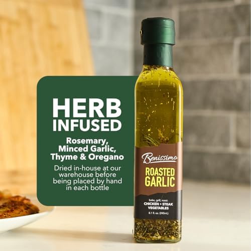 Benissimo Roasted Garlic Herb Infused Oil Blend – Gourmet Garlic Oil for Sautéing, Drizzling, and Roasted Garlic Marinades – Infused Oil Blend for Meat, Vegetables, and Grilling, 8.1 fl oz