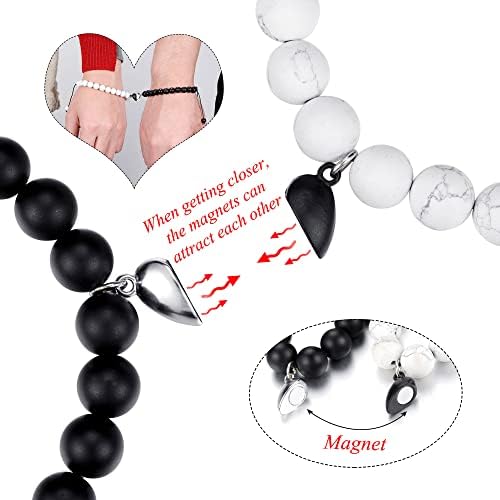 Jovivi Couples Bracelets 8mm Natural Stone Beads Healing Crystals Stretch Bracelet Matching Heart Charms Adjustable for His and Her Jewelry Lovers Best Friends Friendship Gifts