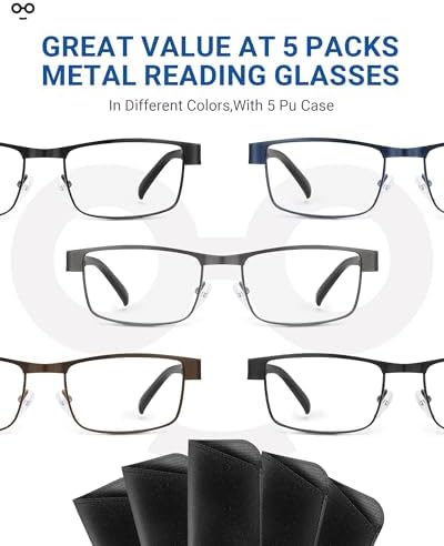 JOLISU 5PCS Reading Glasses Men - Blue Light Blocking Computer Metal Thin Frame Readers For Mens/Women W/Case（2.00）
