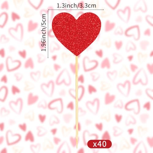 Hooqict 40Pcs Red Heart Cupcake Toppers Glitter Sweet Love Valentine's Day Cupcake Toppers Birthday Cake Topper Decorations for Happy Valentines Galentines Day Anniversary Party Cake Decorations