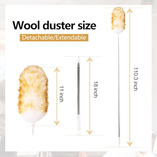 Lambswool Extendable Duster 29-110 Inch, Anti-Static Flexible Head, Stainless Steel Pole for High Ceilings, Fans, Interior & Roof Dusting.