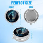 Pill Box, 3 Compartments Small Pill Case Travel Portable Metal Medicine Box with Mirror Mini Container for Purse Pocket Women Men（Bigfoot Mountain Moon）