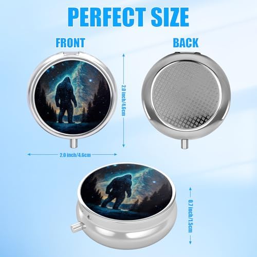 Pill Box, 3 Compartments Small Pill Case Travel Portable Metal Medicine Box with Mirror Mini Container for Purse Pocket Women Men（Bigfoot Mountain Moon）