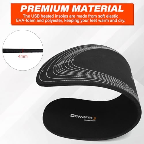 Dr.warm 3 Heating Levels Heated Insoles USB Electric Power Thermal Soles for Men and Women Winter Boots Shoes Sneaker Ice Fishing Camping(No Battery)