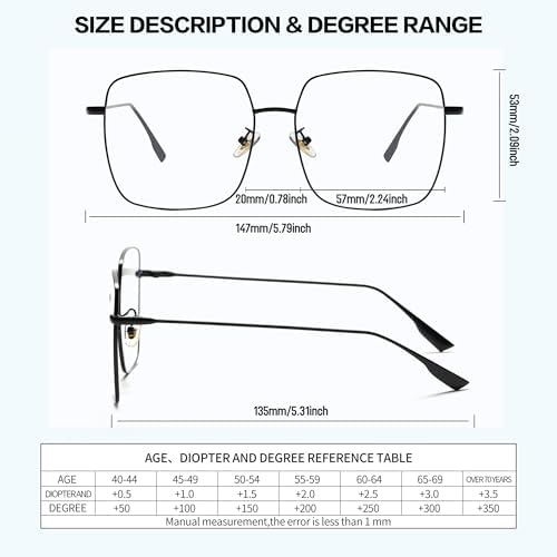 Oversized Square Reader Glasses for Women/Men, Blue Light Blocking Glasses, Large Metal Frame Readers with UV400 Protection