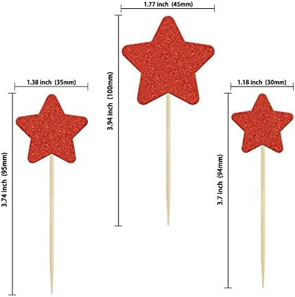 Gyufise 42Pcs Red Glitter Star Cupcake Toppers Mixed Size Twinkle Little Star Cupcake Picks Decorations for Wedding Anniversary Baby Shower Birthday Party Supplies