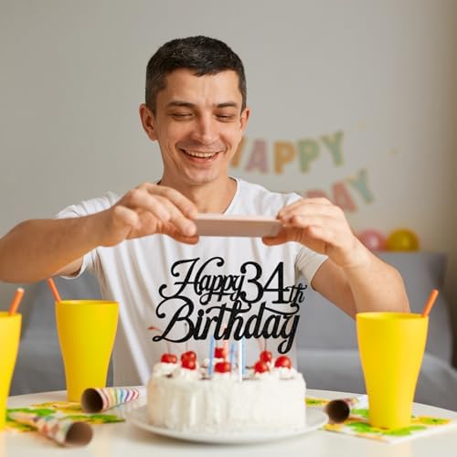 Black Glitter Happy 34th Birthday Cake Topper, Cheers to 34 Years/34 & Fabulous/34 Years Loved & Blessed, Funny 34th Birthday Party Decorations Supplies