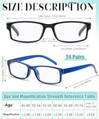 Yexiya 24 Pack Reading Glasses Bulk Adjustable Traditional Reading Glasses with Spring Hinge Non-Prescription for Men Women
