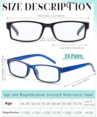 Yexiya 24 Pack Reading Glasses Bulk Adjustable Traditional Reading Glasses with Spring Hinge Non-Prescription for Men Women