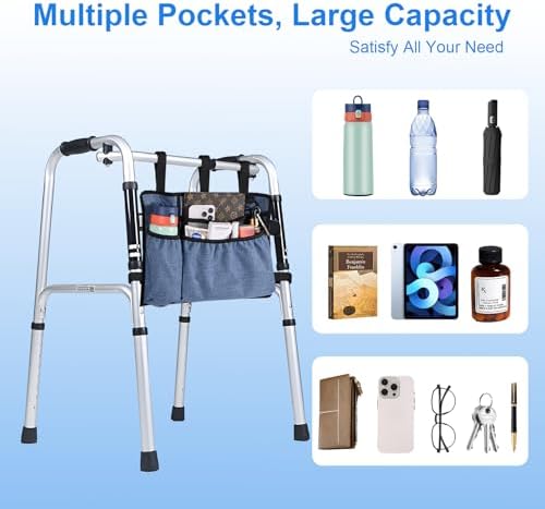 Walker Bag with Cup Holder, Premium Walker Basket for Folding Walker, Foldable Walker Storage Bags for Seniors with Big Capacity & Water Resistant, Blue
