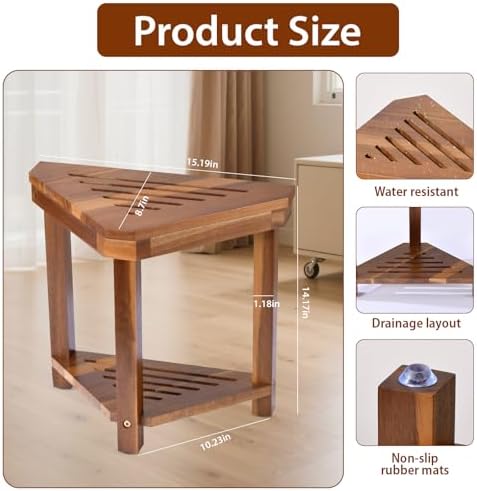 Shower Foot Rest Stool - Wood Waterproof Corner Shaving Stool with Storage Shelf for Small Bathroom Spaces Non-Slip Spa Shower Foot Rest, Corner Bathroom Bench Bath Seat