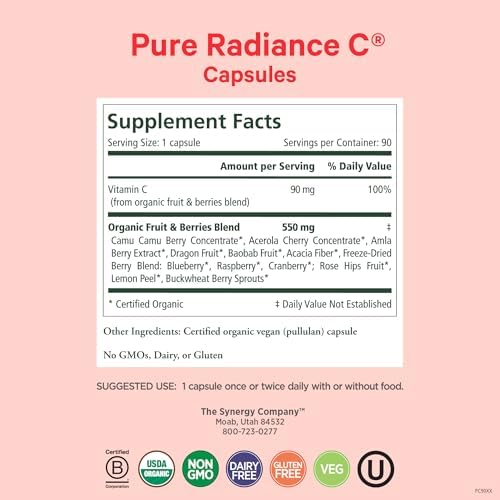 PURE SYNERGY Pure Radiance C | Organic Vitamin C Capsules | 100% Natural, Whole Food, Non-GMO Supplement with Organic Camu Camu | for Immune and Collagen Support (90 Capsules)