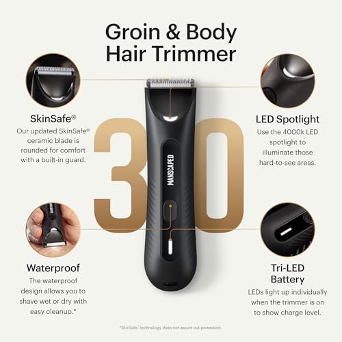MANSCAPED® The Lawn Mower® 3.0 Plus Groin & Body Hair Trimmer – Updated SkinSafe® Trimmer Blade, Waterproof Wet/Dry Groomer, USB-C Rechargeable, Men’s Wireless Ball Shaver, Tuxedo Black