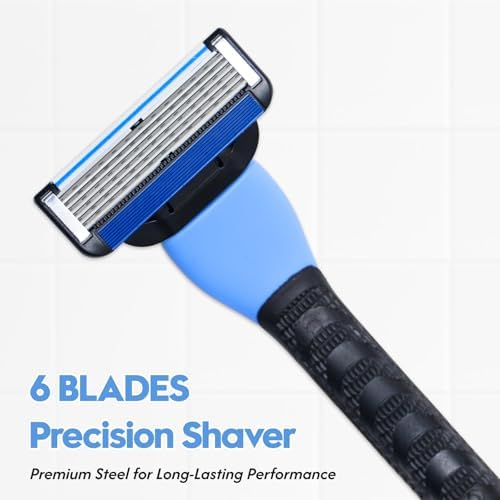 6-Blade Men's Razor with Dual Lubrication, Shaving Kit for Men, 10 Piece Set, 1 Handle & 9 Refill Cartridges, Smooth Comfortable Shave (Blue)