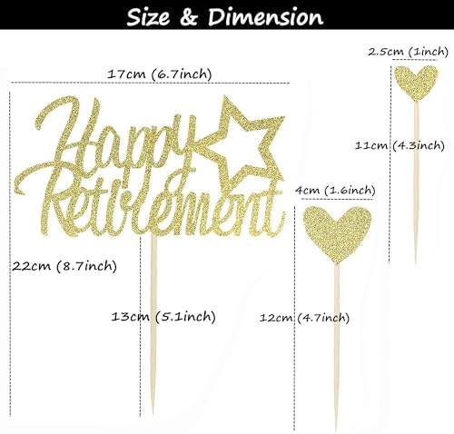 Sotpot 13PCS Gold Glitter Happy Retirement Cake Topper with Heart Cupcake Toppers Retirement Cake Decoration for Retired Party Cake Decoration Party Supplies