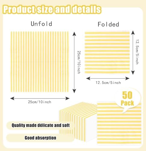 SietDESEO 50 Pieces Yellow Striped Napkins Disposable 3-Ply Yellow and White Striped Cocktail Napkins Paper Dinner Napkins for Birthday Baby Shower Wedding Party Beverage Napkin