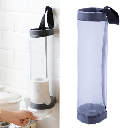 Tyenaza Plastic Bag Holder, Grocery Bag Organizer Dispenser Wall Mounted Space Saving Reusable Plastic Bag Holder Dispenser Organizer Trash Bags for Home Kitchen (Gray)