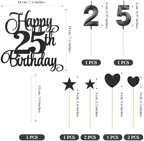 25th Birthday Cake Decorations, 25th Birthday Candles Cake Numeral Candles and Glitter Happy 25th Birthday Cake Toppers Set for Birthday Party Supplies (Black)