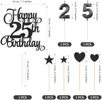 25th Birthday Cake Decorations, 25th Birthday Candles Cake Numeral Candles and Glitter Happy 25th Birthday Cake Toppers Set for Birthday Party Supplies (Black)