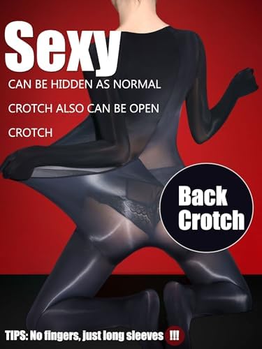 HTRUIYA Full Body Stockings for Women Sheer Oil Shiny Back Open Bodystockings Sexy Lingerie Catsuit Nylon Tights