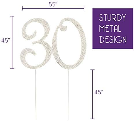 Ella Celebration 30 Cake Topper for 30th Birthday or Anniversary Silver Crystal Rhinestone Party Decoration (Silver)