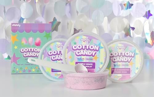 iscream Fruity Favorites Cotton Candy Floss Sugar Assortment in Purple Grape, Blue Raspberry and Pink Strawberry Flavors