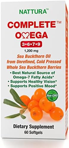 Nattura Complete Omega 3-6-7-9, Pure Sea Buckthorn Oil, European Quality, from Unrefined, Cold Pressed Whole Sea Buckthorn Wild Berries - Non-GMO, Certified Kosher, Gluten-Free 1 Bottle - 60 Capsules