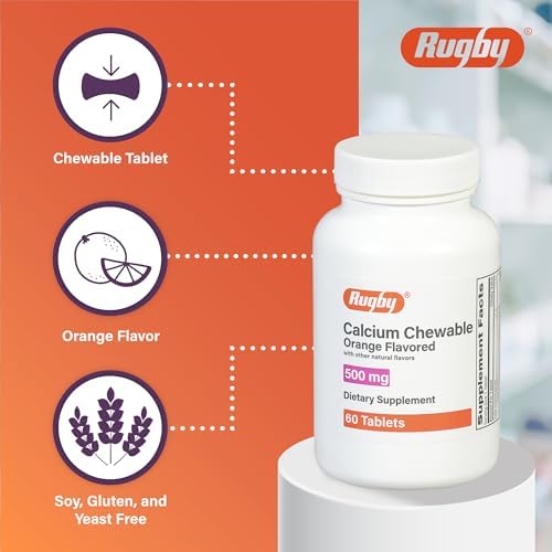 Rugby 500mg Calcium Chewable Tablets - Dietary Supplement - Orange Flavored - 60 Count (1 Pack)