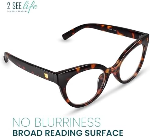 2SeeLife Oversized TR-90 Cat Eye Reading Glasses for Women – Narrow-Medium Fit, Durable and Sturdy Frame, Premium Readers, Brown Tortoise, +2.25