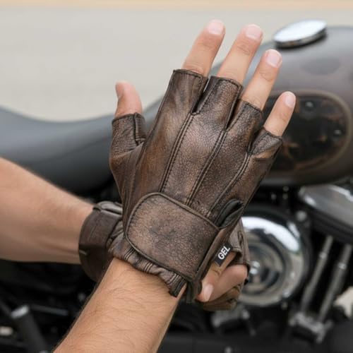 Milwaukee Leather MG7561 Men's Brown Leather Gel Padded Palm Fingerless Motorcycle Hand Gloves Made W/ ‘Naked Leather’