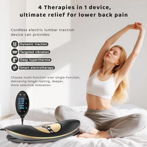 Cordless Electric Lumbar Traction Device, 4-in-1 Multifunctional Back Massager for Low Back Pain Relief with Controller, Dynamic Traction, Microcurrent Therapy, Hyperthermia and Vibration (Black)