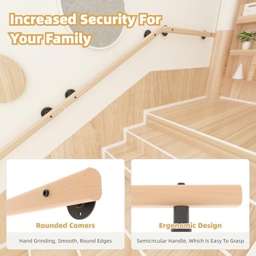 2.6 FT Wood Handrails for Indoor Stairs, Wall-Mounted Staircase Handrails for Indoor Outdoor Stairs, Non-Slip Stair Railing Indoor for Kids, Elderly, Pregnant Women, Disabled