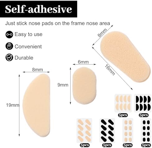 EVA Foam Nose Pads for Glasses, 30 Sheets/120 Pairs Non-Slip Cushion, Soft Eyeglass Nose Pads Lightweight Silicone Adhesive Grips Skin/Black 1mm/1.5mm