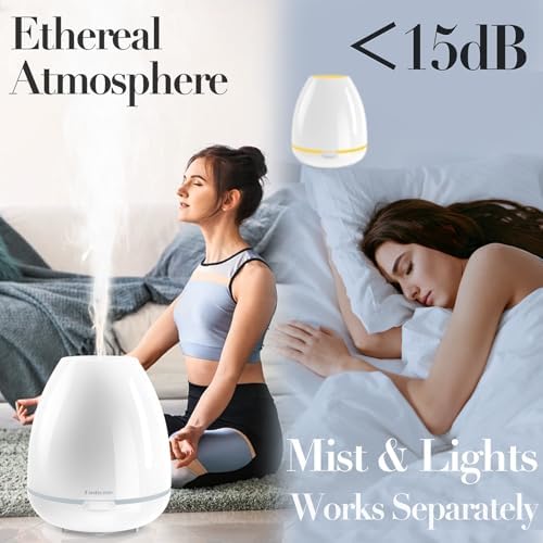 300ml Essential Oil Diffuser, Ultra-Quiet Ultrasonic Aromatherapy Machine with 4 Timers (Cont/1H/2H/20s Inter), 7-Color & Breathing Night Light, BPA-Free, Auto Shut-Off for Home, Bedroom & Yoga, White