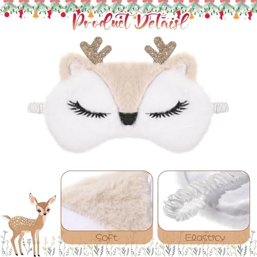 Christmas Eye Mask, 2 Pcs Cute Reindeer Sleeping Eye Mask Soft Plush Sleep Masks Funny Animal Blindfold Cartoon Eyeshade Cover for Women Home Travel Sleepover Party