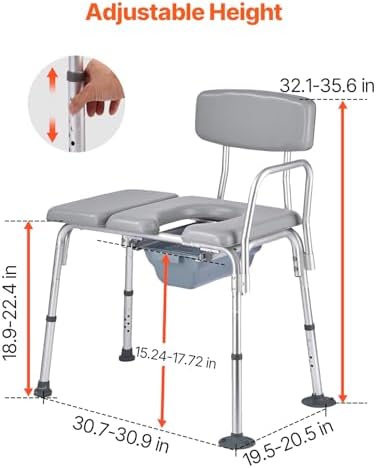 VEVOR Bedside Commode Chair, 500 lbs Load Capacity, 4-in-1 Portable Toilet and Raised Toilet Seat with Detachable 5L Bucket, Padded Seat and Backrest, Adjustable Height Adult Potty Chair for Seniors