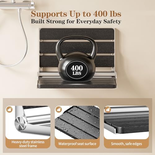Folding Shower Seat Wall Mounted, 15" Folding Shower Bench for Elderly, Disabled, Pregnant, Foldable Shower Chair for Small Bathroom, 400 lbs Capacity, Space-Saving Design - Black