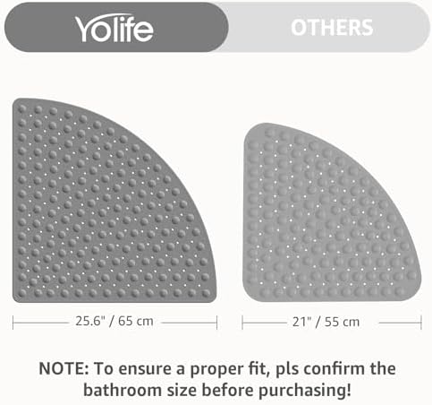 Yolife Large Corner Shower Mat, 25.6" x 25.6" Non Slip Shower mats for Inside Shower, Shower Mat with Drain Hole, Machine Washable Shower Floor Mat, Bathtub Mat Non Slip with Suction Cups, Grey