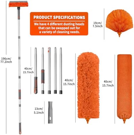 Ceiling Fan Cleaner Duster with 72‘’ Extendable Long Handle Cleaning Duster Kit, Reusable Chenille & Microfiber Mop Head for High Ceiling Fan Blade Wall Blinds Cobweb