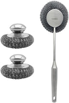 Stainless Steel Wool Scrubber Set, Long Handle & Handle Brushes,Metal Brush for Pots, Pans, Grills & Cutlery Cleaning (3 Pack)