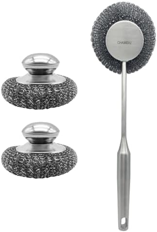 Stainless Steel Wool Scrubber Set, Long Handle & Handle Brushes,Metal Brush for Pots, Pans, Grills & Cutlery Cleaning (3 Pack)